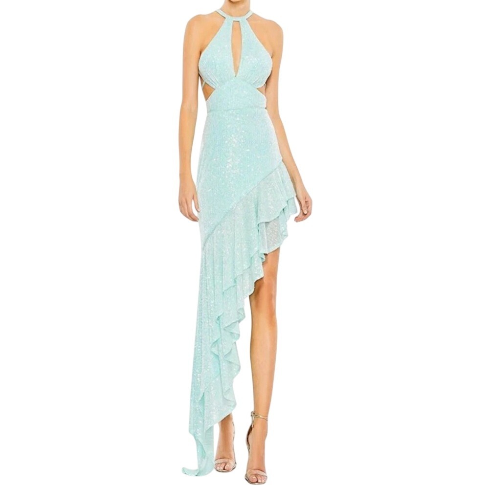 Mac Duggal 11274 Aqua Sequin Halter High Low Dress Size 8 NWT Cutout Ruffle Prom
